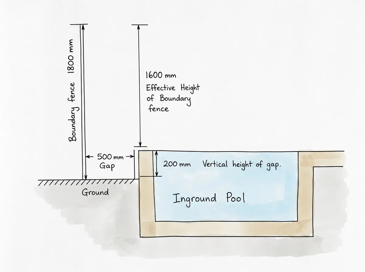 Side-on sketch of an 1800mm boundary fence with a 500mm gap to a raised inground pool wall, showing the 200mm vertical gap reducing effective fence height to 1600mm
