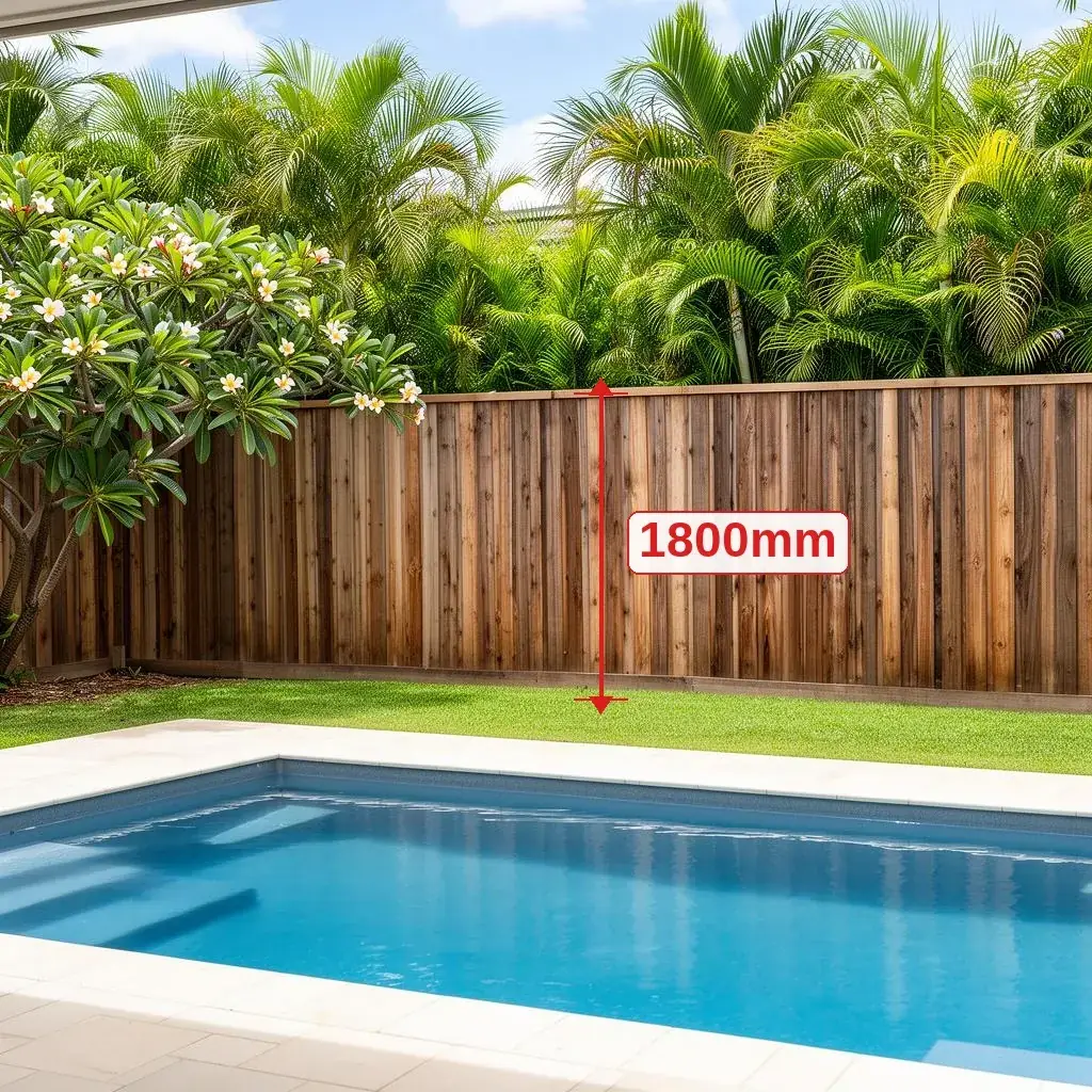 Tall 1800mm Australian timber paling boundary fence behind a backyard swimming pool with tropical greenery