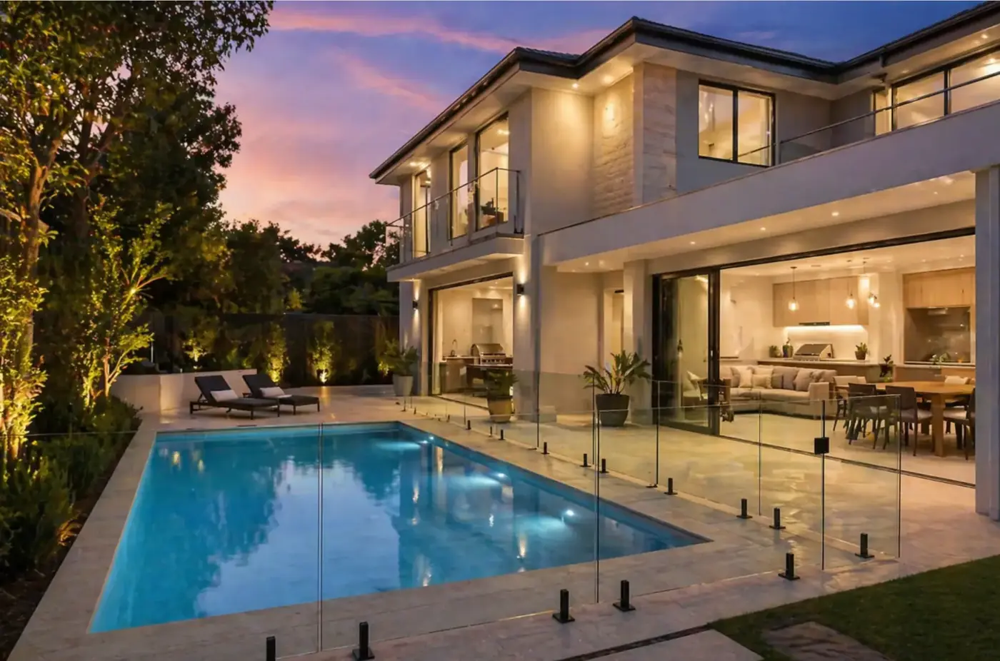 Modern luxury home with glass-fenced pool at dusk
