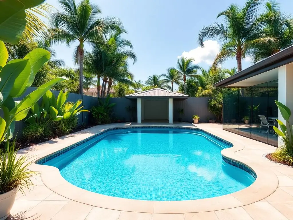 Brisbane backyard pool with a cabana and pool house located within the pool safety barrier