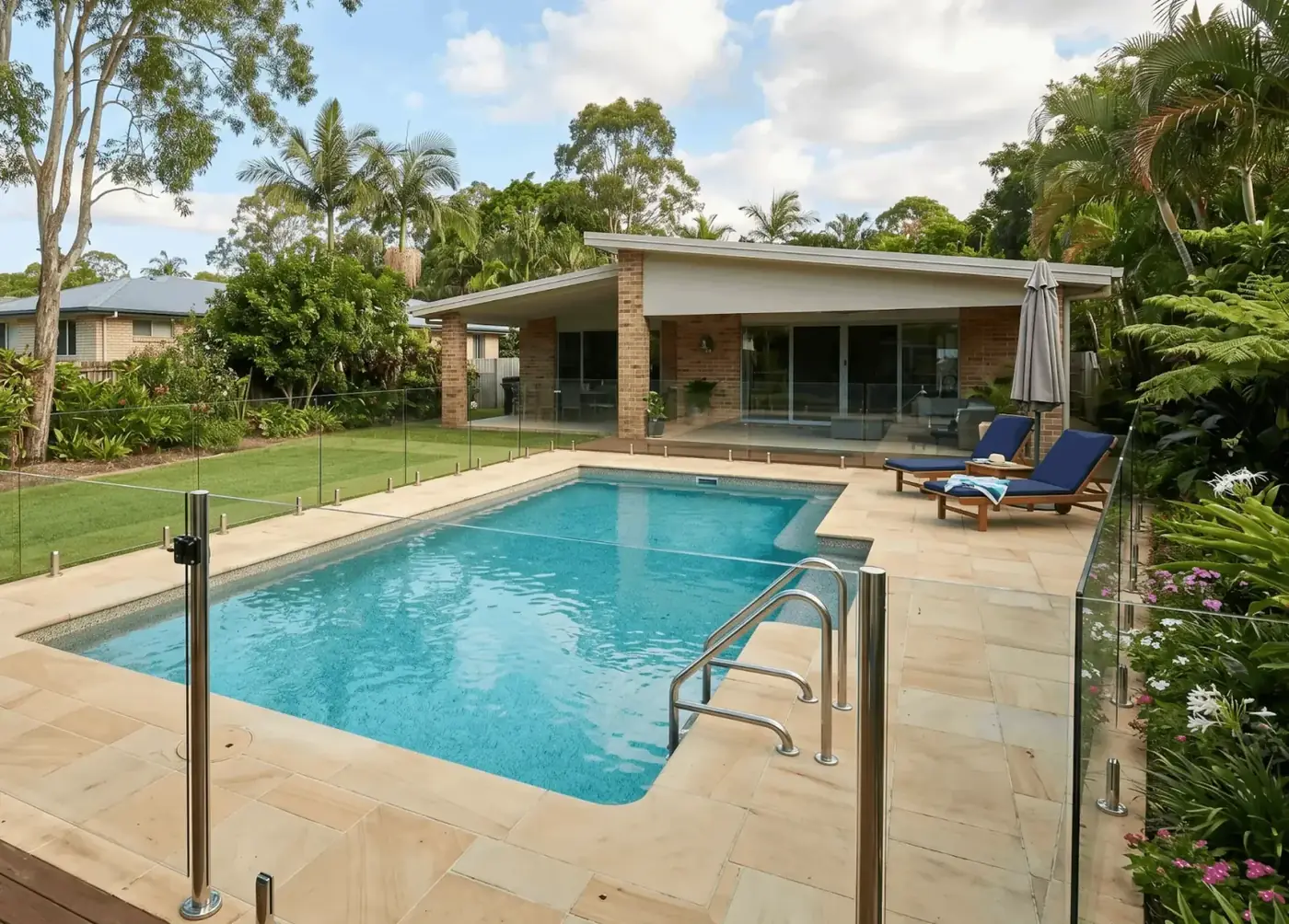 Glass pool safety fence with self-latching gate beside a Queensland backyard pool