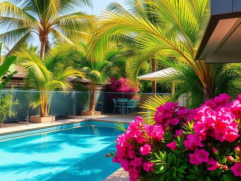 Beautifully landscaped Queensland pool area with compliant vegetation including palms and bougainvillea