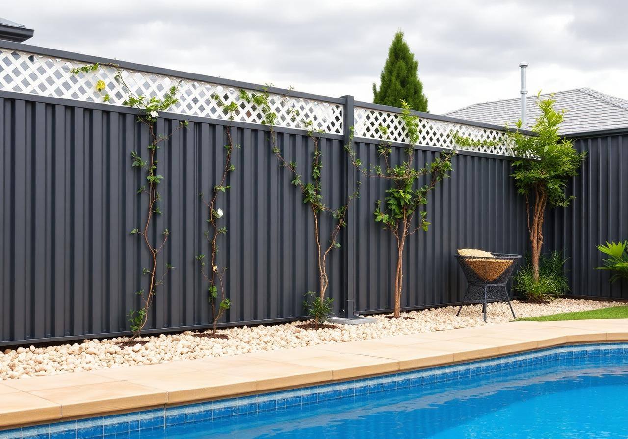 Charcoal Colorbond boundary fence with white diamond lattice extension along the top, climbing vines on wire trellises, pebble garden bed and pool coping in the foreground
