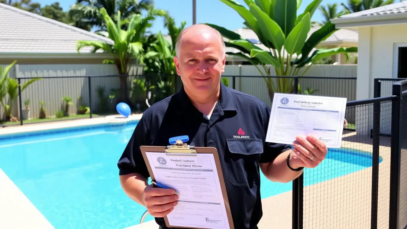 Pool safety inspector holding a Form 23 pool safety certificate beside a compliant pool fence