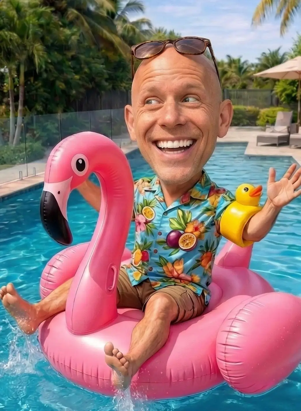 Pool Inspector G on a flamingo floatie in the pool