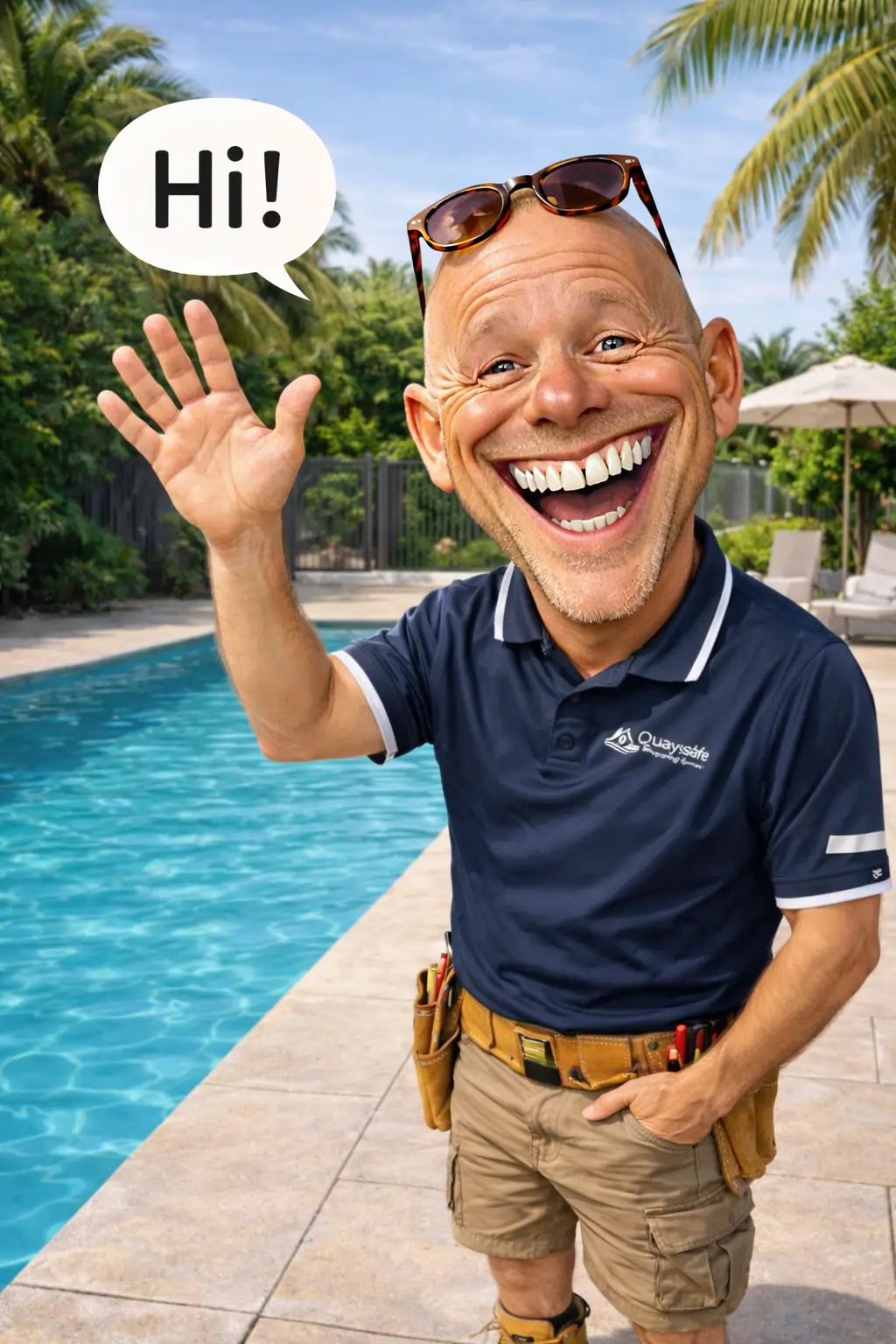 Pool Inspector G caricature standing with clipboard, ready to inspect a Brisbane pool