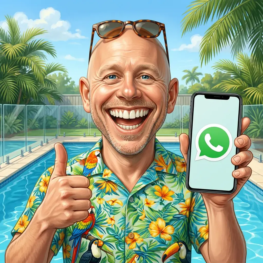 Pool Inspector G holding a phone with WhatsApp open, ready to chat