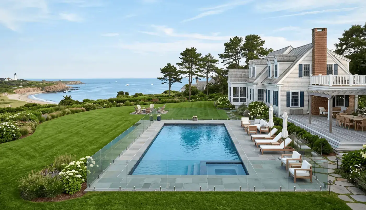 Coastal Brisbane backyard with a glass-fenced swimming pool overlooking the ocean