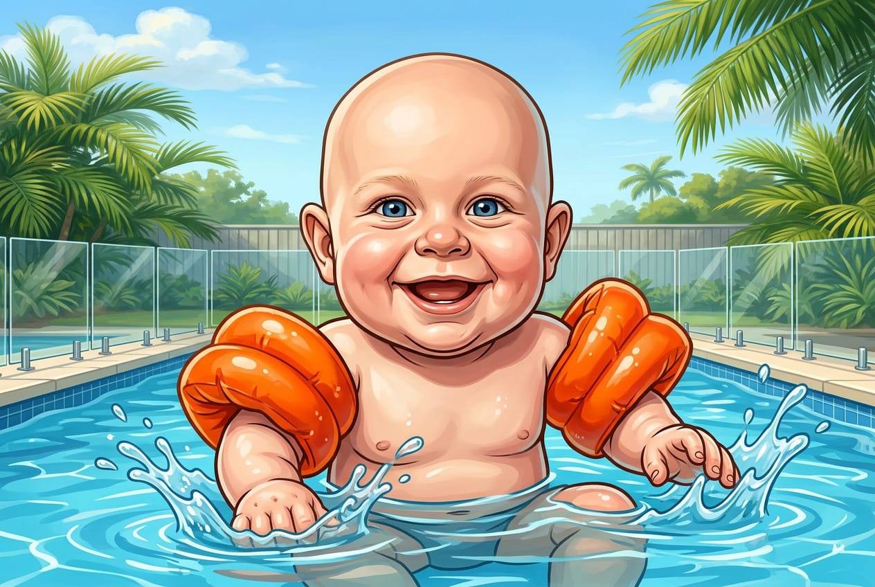 Caricature of Pool Inspector G as a happy toddler with orange floaties splashing in a backyard pool