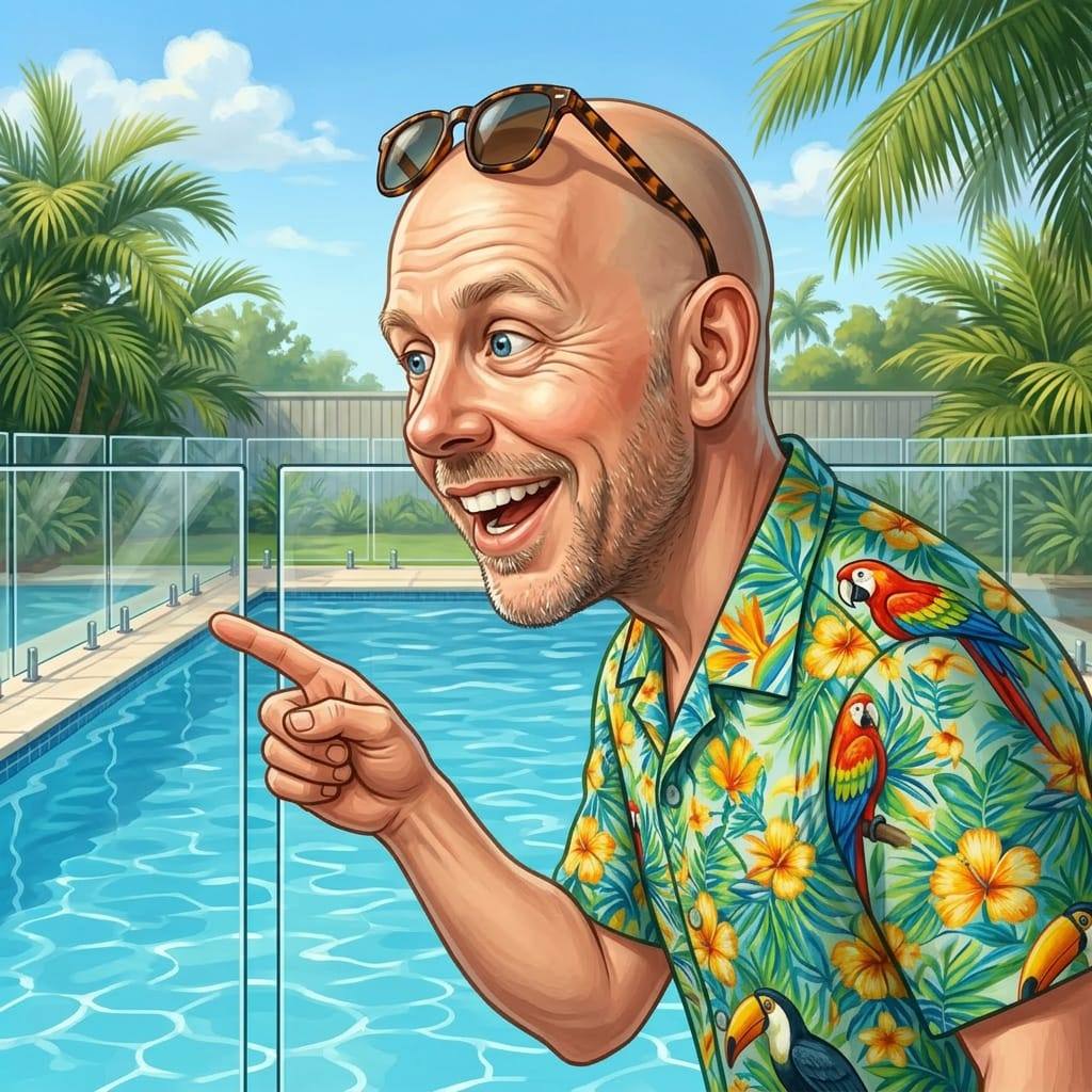 Caricature of Pool Inspector G pointing out a small gap between glass pool fence panels in a Brisbane backyard