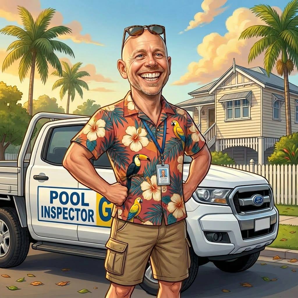 Caricature of Pool Inspector G standing proudly in front of his sign-written work ute outside a Brisbane Queenslander home