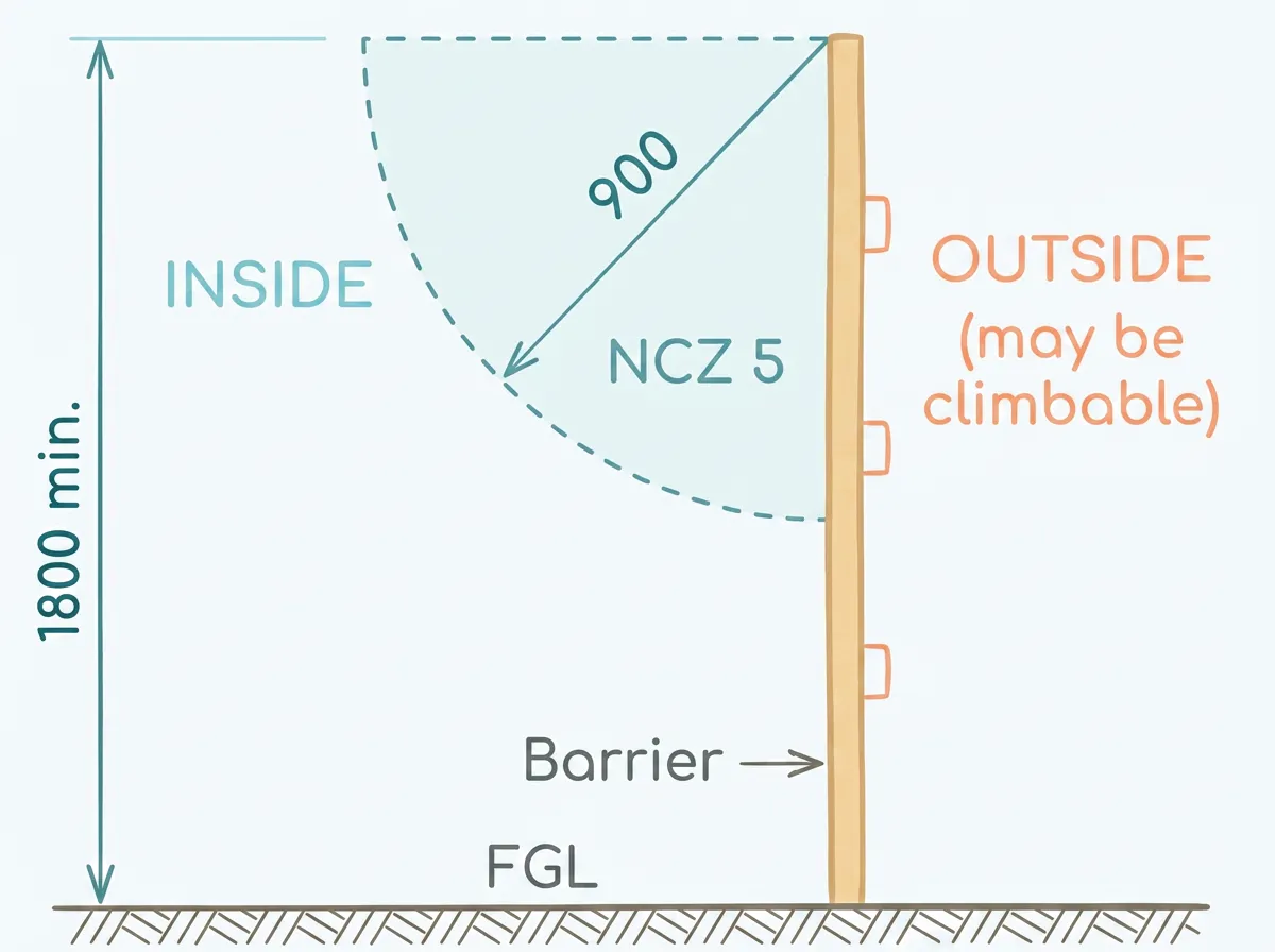 Side cross-section diagram of a 1800mm boundary fence showing the 900mm NCZ 5 non-climbable arc on the inside (pool side) and labelled OUTSIDE area which may be climbable