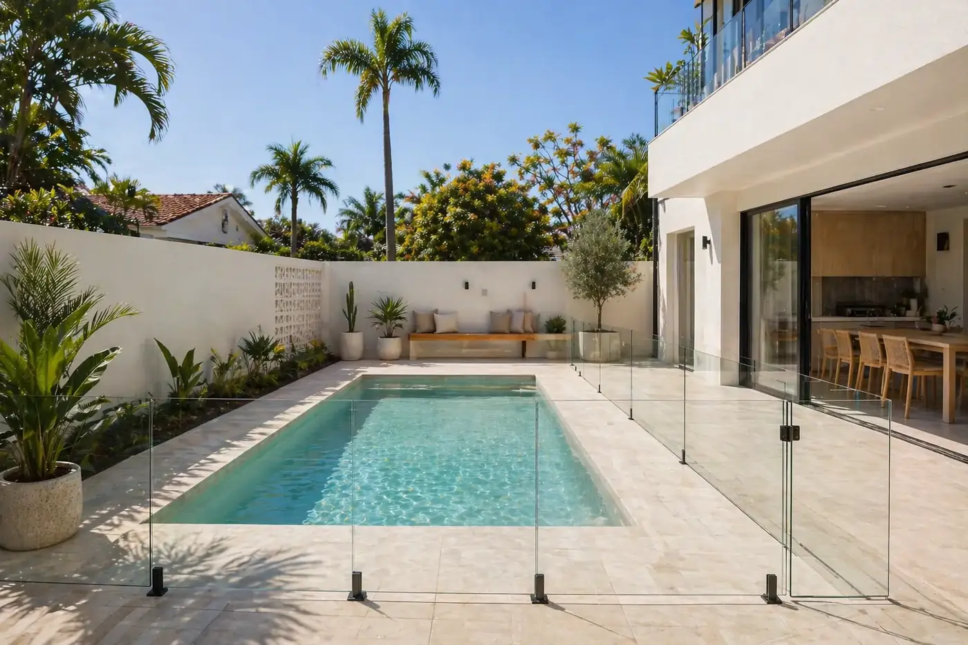 Newly built backyard pool with glass safety fence and modern landscaping