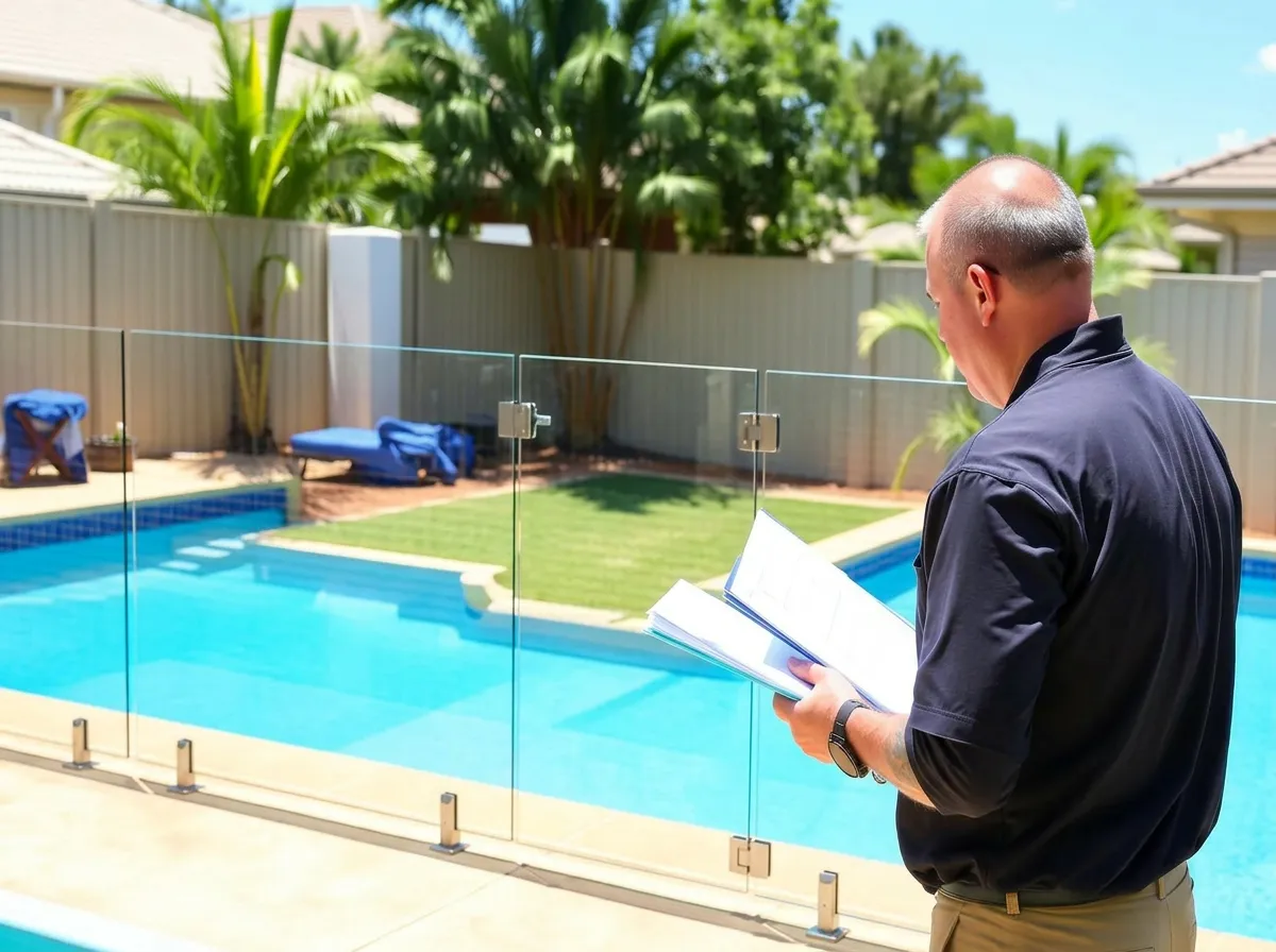 Pool safety inspector examining a non-compliant pool fence in a Brisbane backyard