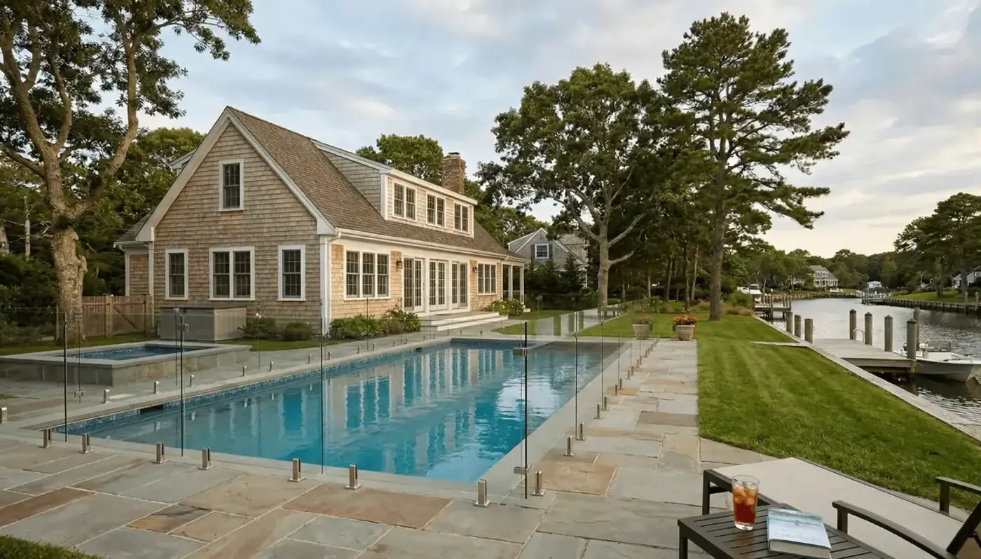 Modern pool area with glass safety fencing