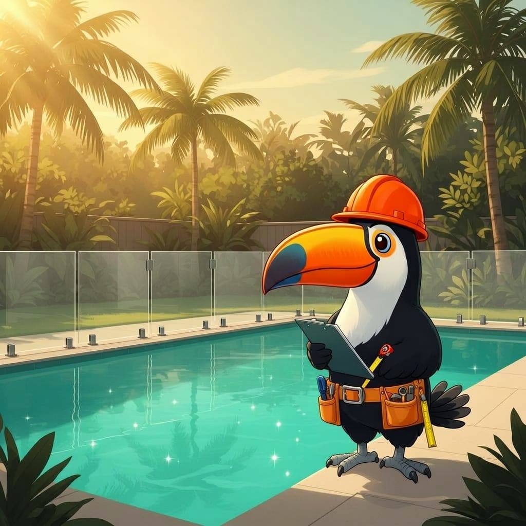 Pool Inspector G mascot with clipboard and tape beside a glass pool fence in a sunny Brisbane backyard