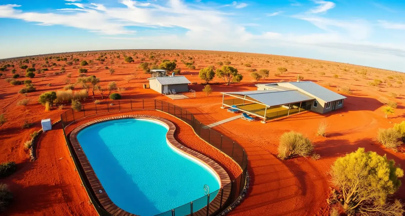 Aerial view of a remote outback Queensland property with a swimming pool and pool safety fence