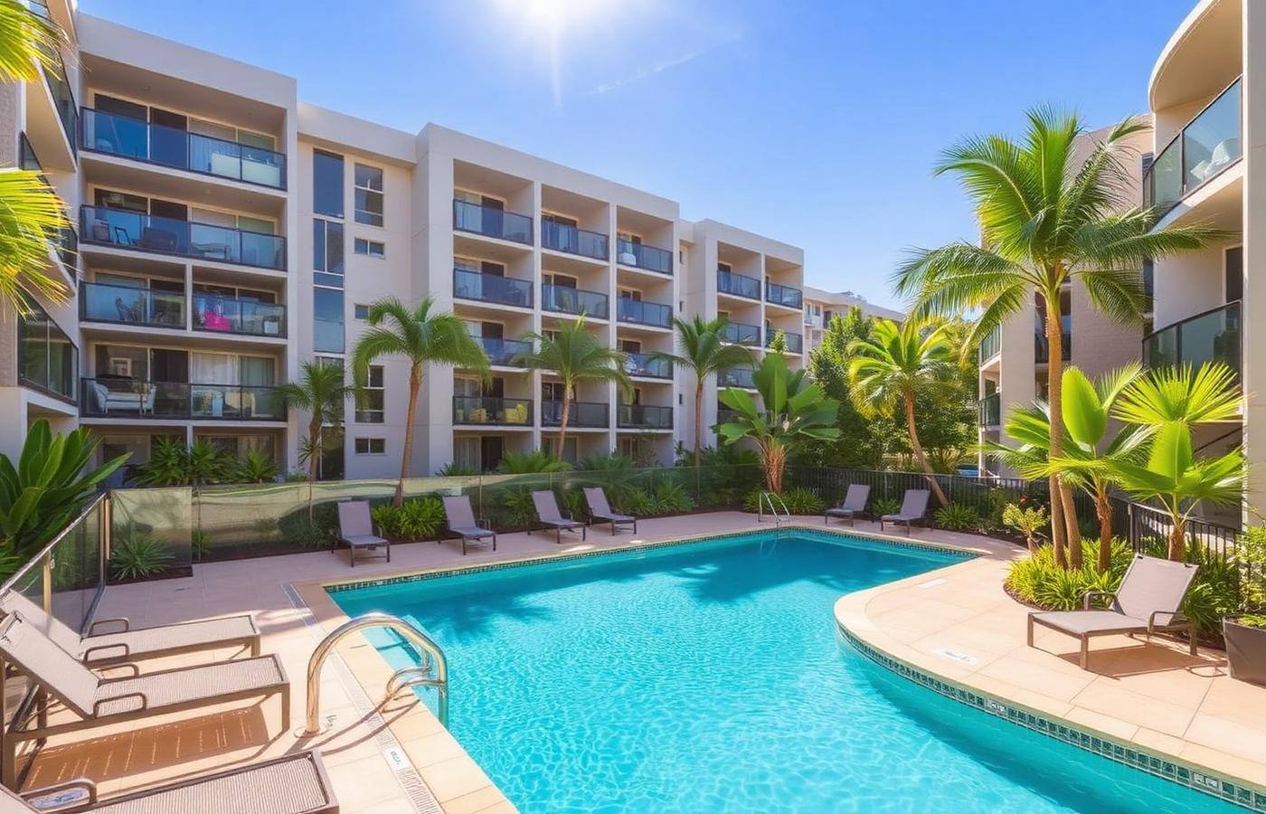 Shared strata pool area in a Brisbane apartment complex