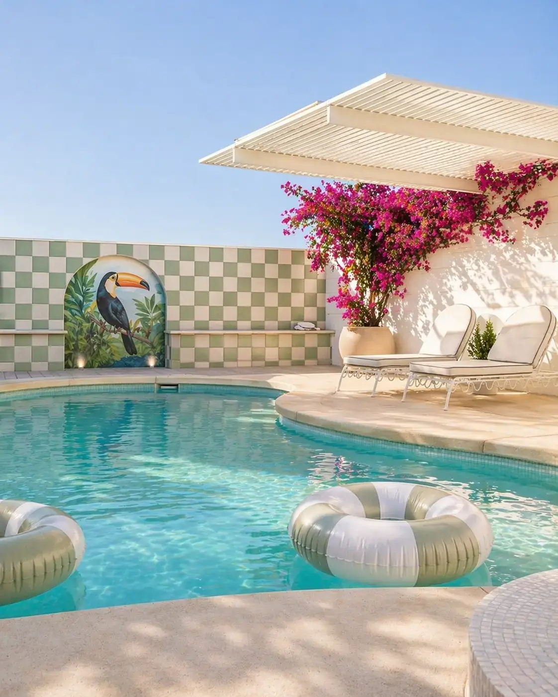 Tropical resort-style spa pool with lounge chairs and bougainvillea