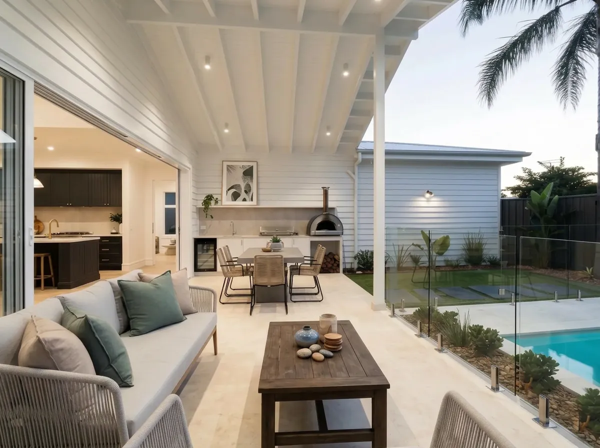 Modern Queensland outdoor entertaining area with glass pool fence next to patio