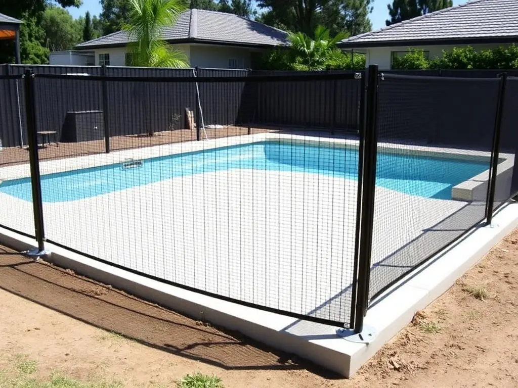 Black mesh temporary pool safety fence around a residential pool under construction in Brisbane