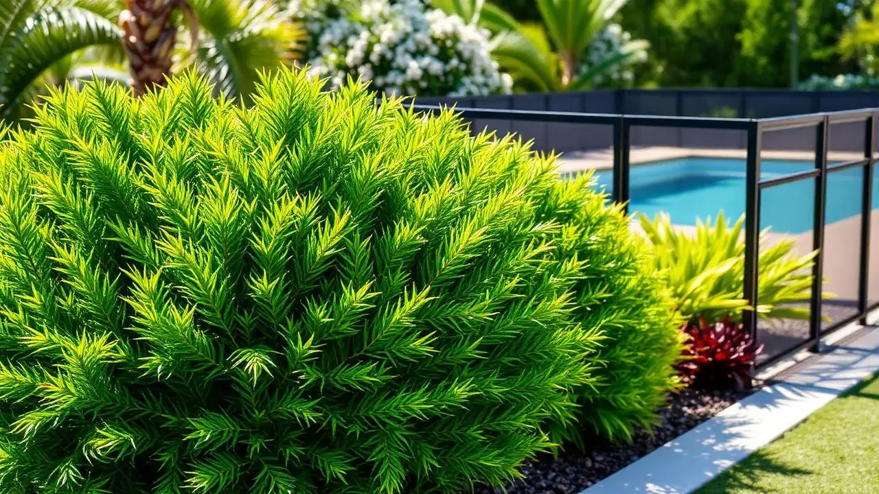 Dense green bushes growing alongside a pool safety fence in a Queensland backyard