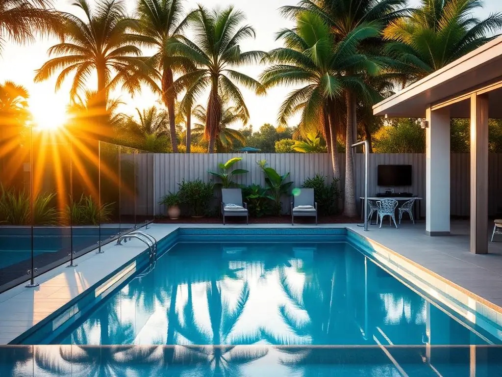 Compliant glass pool safety barrier surrounding a modern Brisbane backyard pool at golden hour