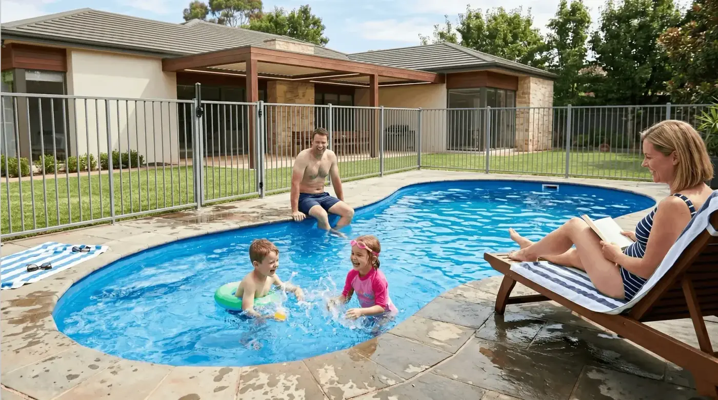 Toddler safely on the lawn beside a compliant glass pool fence with a parent watching