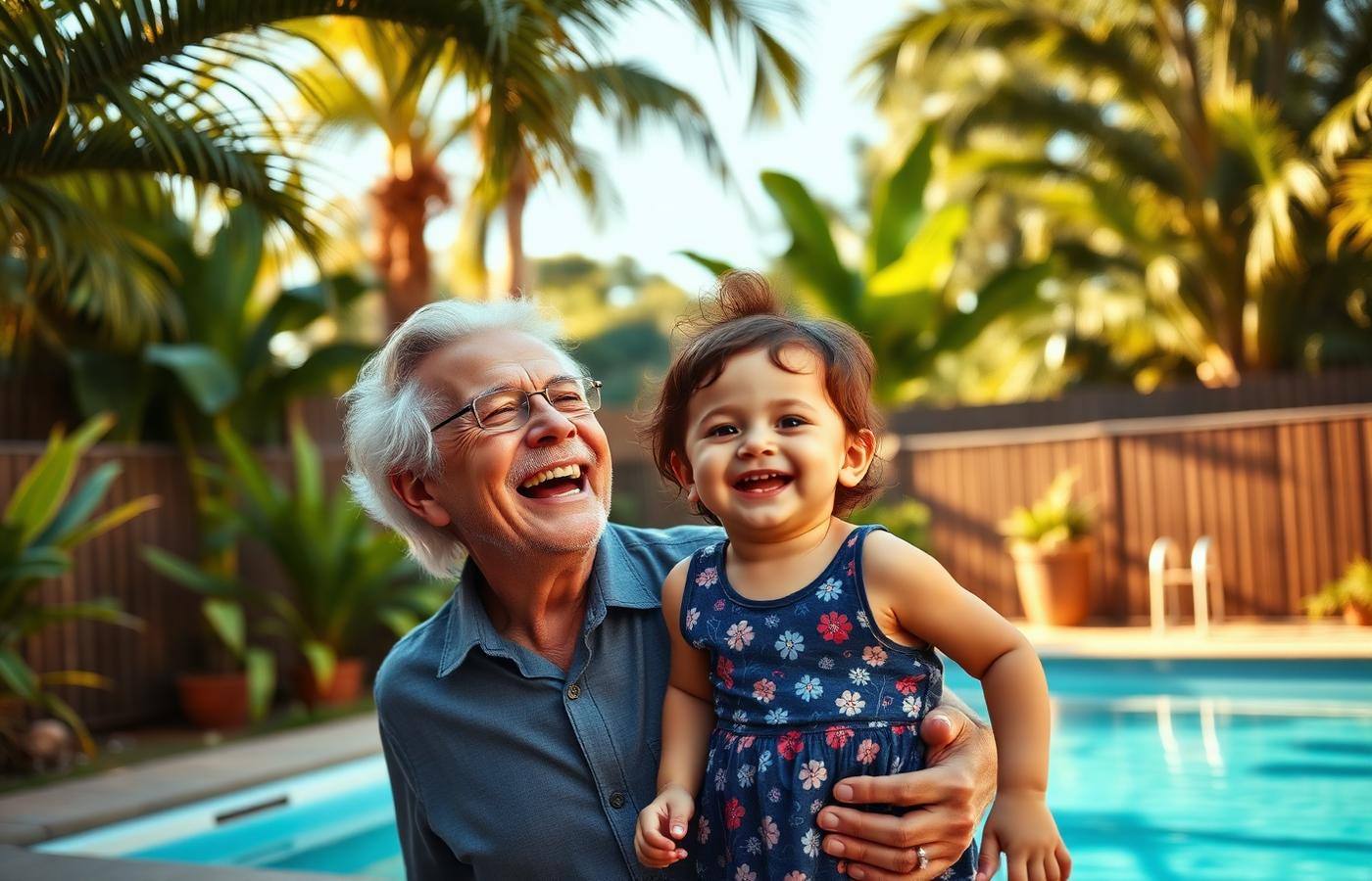 A grandparent and small child sharing a happy moment by a safely fenced backyard pool