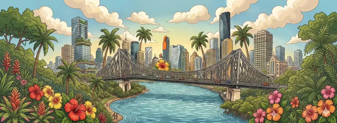 Brisbane city skyline at sunset — service area for Pool Inspector G
